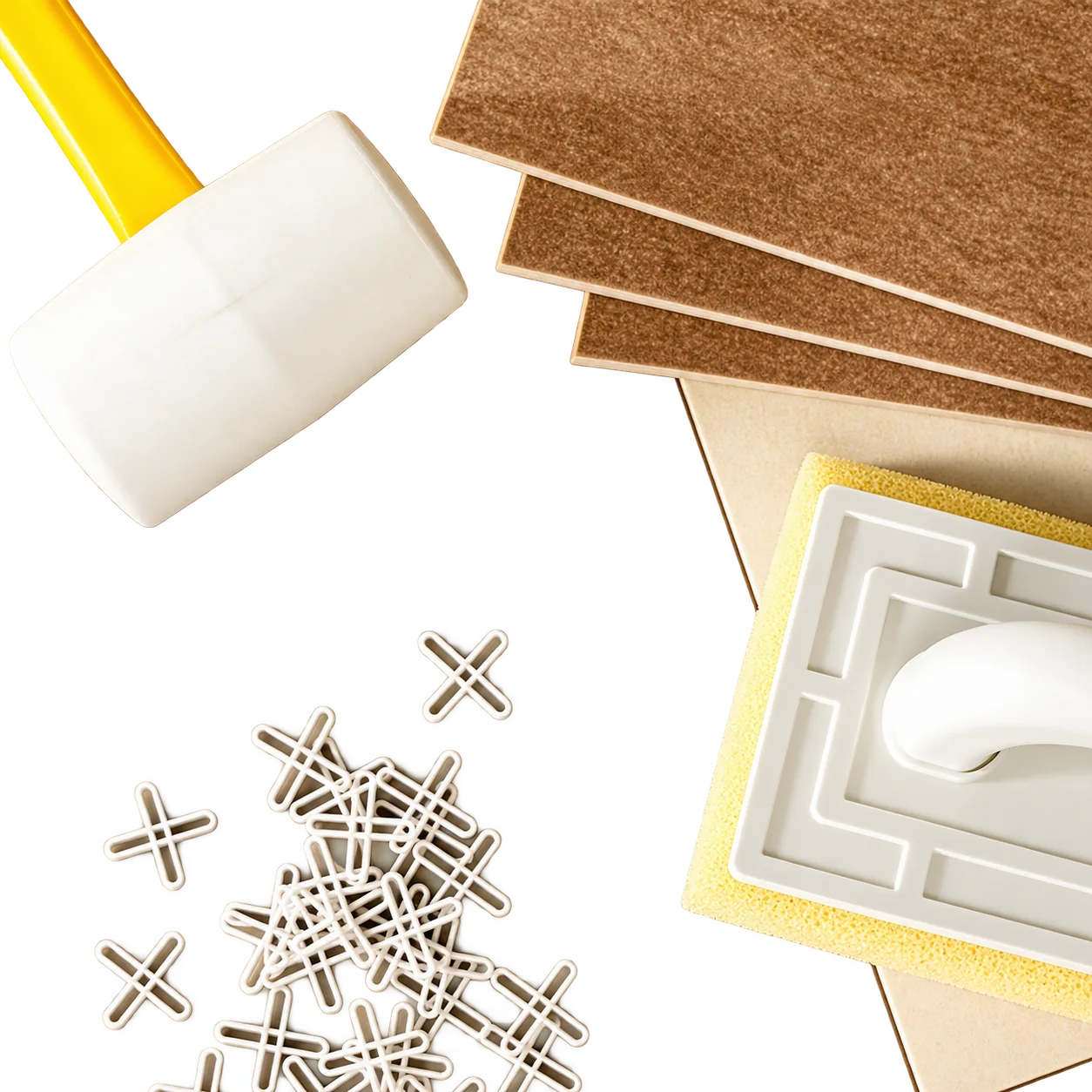 Outils de carreleur : maillet, croisillons, platoche éponge et carreaux