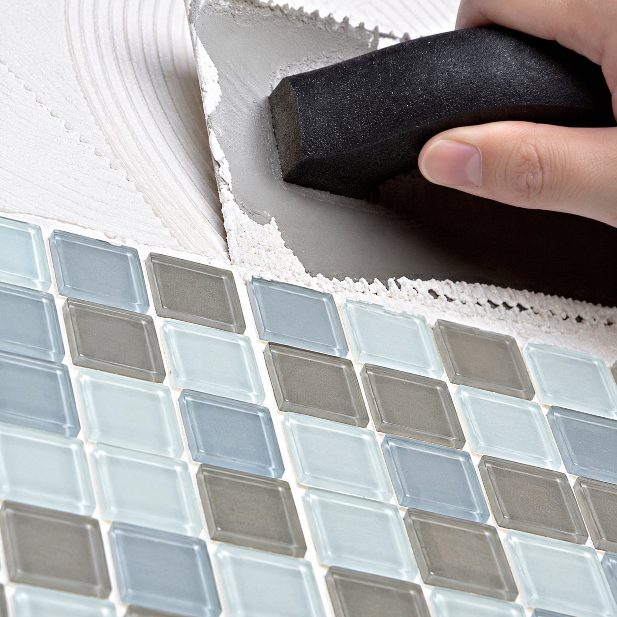 Pose de mosaïque de verre bleu et gris à la spatule